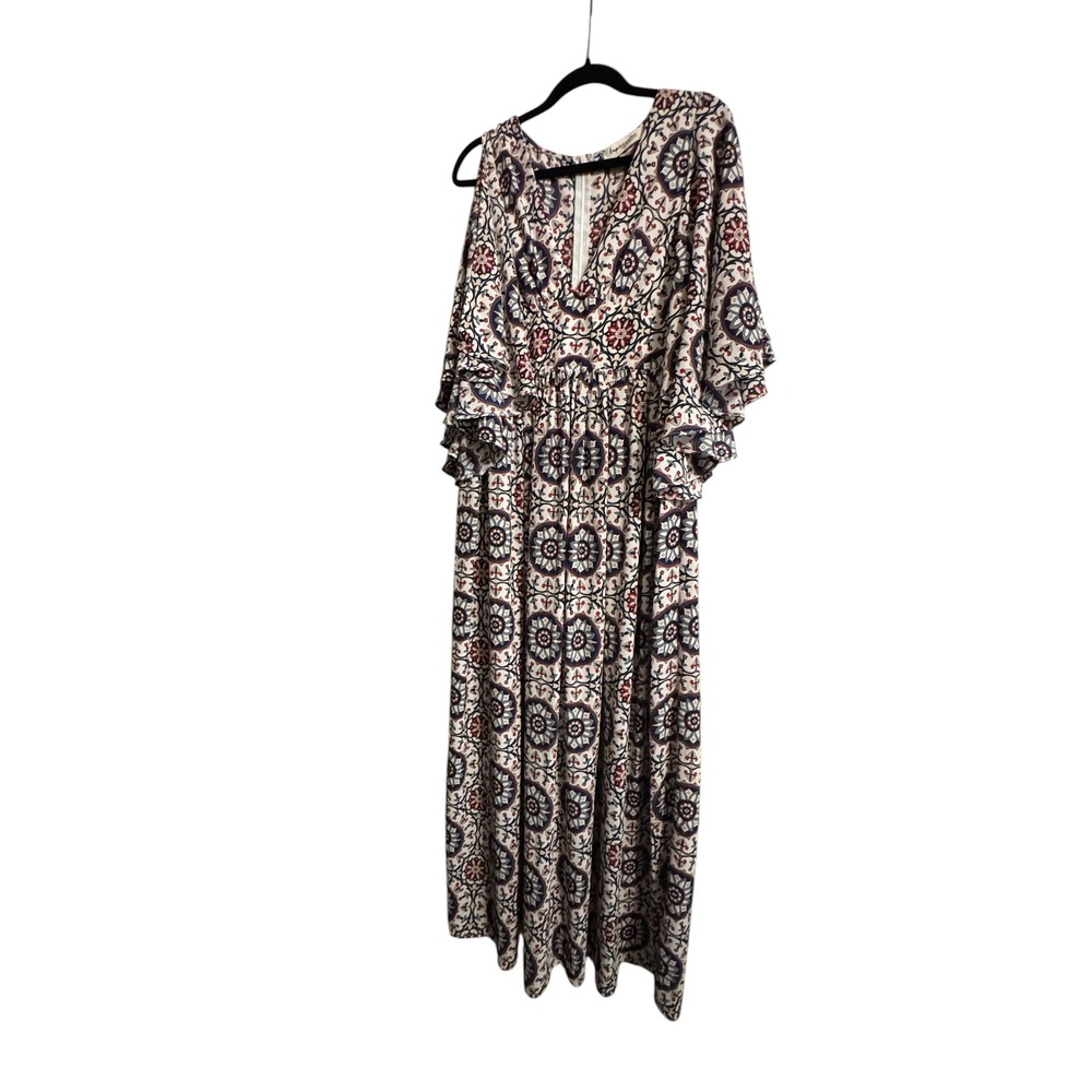 Impressions Medallion Print Maxi Dress Blue Red Ruffle Bell Sleeve Large Boho - Picture 2 of 12